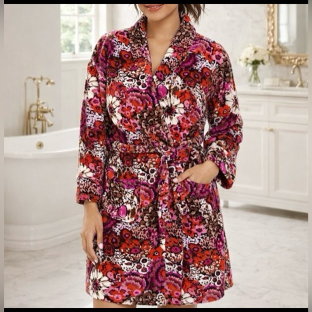 Vera Bradley Rosewood Plush Floral Fleece Robe L/XL Cozy Soft Lounge Luxury Pink